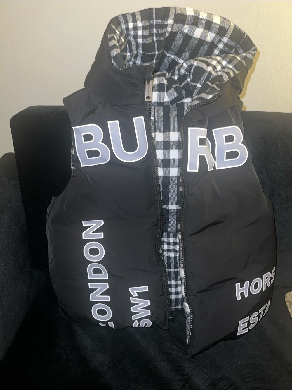 Burberry Black Puffer Vest with Check Lining and Bold Logos